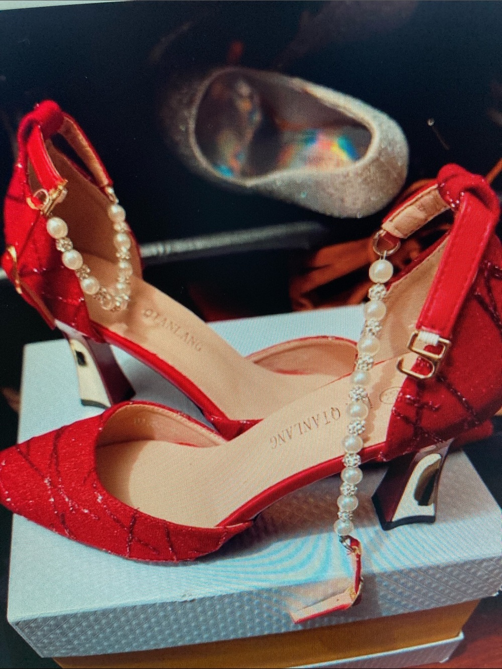 QIANLANG Red Pearl-Ankle Strap Mid Heels